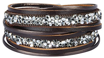 JOYMIAO Damen Leder Wickelarmband Kristall Bettelarmband für Mädchen Weihnachts Geschenke (Braun)
