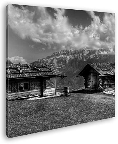 deyoli Alpen Holzhütten Format: 70x70 Effekt: Schwarz&Weiß als Leinwandbild, Motiv fertig gerahmt auf Echtholzrahmen, Hochwertiger Digitaldruck mit Rahmen, Kein Poster oder Plakat