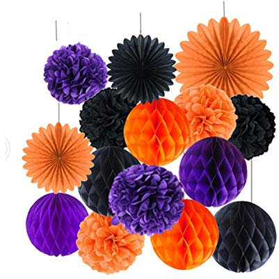Kungfu Mall 15 PCS Halloween Decorations Hanging Pom Poms Honeycomb Balls Garland Tissue Paper Fan Flower for Home Halloween Indoor Outdoor Birthday Decor Party Supplies(Black,Orange,Purple)