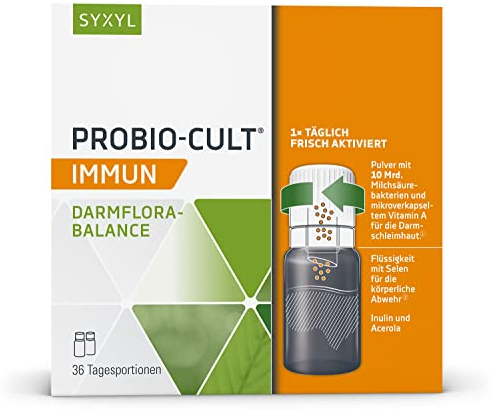 SYXYL ProBio-Cult Immun – Nahrungsergänzungsmittel mit Inulin, Vitamin A, Acerolasaft, Milchsäurebakterien und Selen – Abwehrkräfte von innen unterstützen – 36 Trinkflaschen