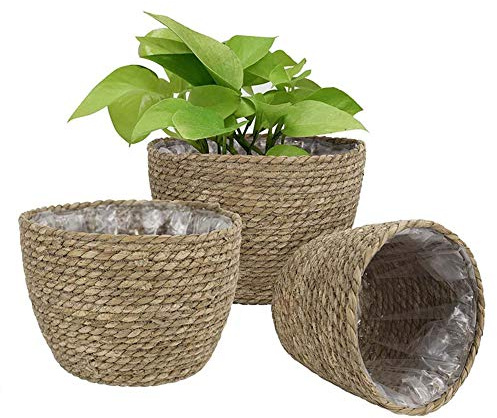 Seegras-Korb, 1PCS Handgewebter Blumenkorb Übertopf Pflanzkübel Pflanztopf Rund Blumentopf Pflanze Blumen Aufbewahrungskorb Kräutertopf Blumenübertopf Deko geflochten (Brown-S)