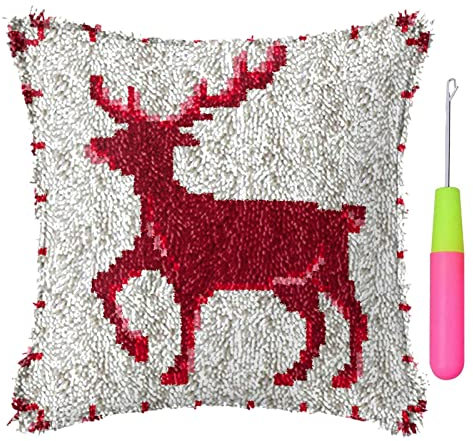 Basketballkorb Kissenbezug Zum Selber Knüpfen Erwachsene, Weihnachten Rentier Knüpfkissen Knüpfset mit Bedruckter Leinwand Kreatives Geschenk (Color : Reindeer)