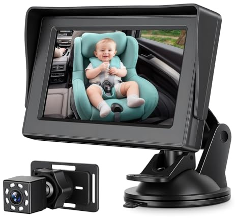 MYPIN Rücksitzspiegel für Baby, Bruchsicherer Auto-Rückspiegel für Babyschale mit 4.3‘’ HD Display, wiederverwendbare Saugnapf-Halterung, Upgrade 360° Drehkamera, leicht beobachten das Baby's Bewegung