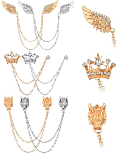 6 Pieces Men's Tassel Chain Brooch Collar Pins Wedding Brooches Collar Pins Wings Wolf Head Crown Lapel Suit Shirt Tuxedo Accessories for Wedding Anniversary Birthday Party Gift Business Office