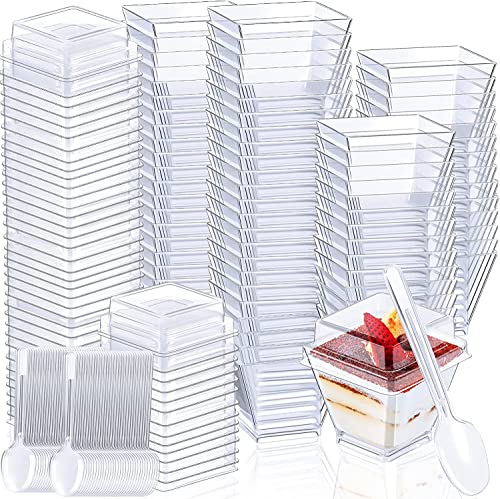 LWAIX Tazas de Postre 50PCS Vasos de Postre Vasitos Aperitivos Plastico con Tapa y Cucharas para Postres Pudín Mousse Helado (2OZ/60-70ml)