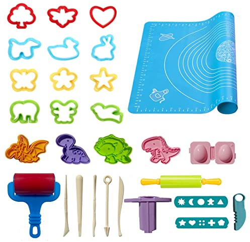 Funbero Knete Zubehör Set,29 Stück Teig Plastilin Werkzeugset für Kinder, Einschließen Teig Plastilin Werkzeuge, Formen,Teigrolle, Knetmatte