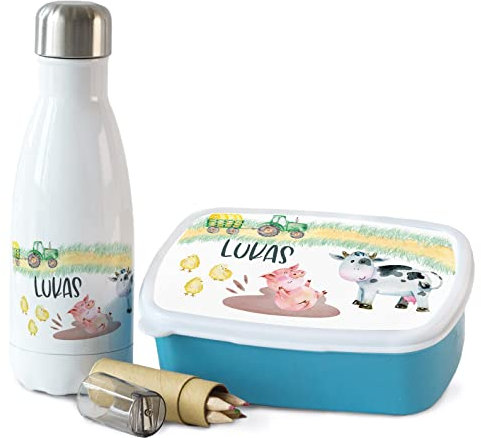 GRAZDesign Brotdose und Trinkflasche Set für Jungen | Bauernhof Tiere | personalisierte Lunchbox mit Trennwand Wasserflasche Edelstahl 350ml | Geschenk zur Einschulung, Junge Trecker Brotdose