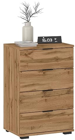 CARO-Möbel Nachttisch Piano Wotan Eiche, Nachtkommode für Boxspringbetten, Nachtschrank mit 4 Schubladen und Griffen aus Kunststoff, Korpus aus MDF/Spanplatte