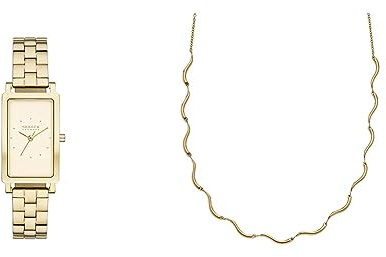 Skagen Hagen Damenuhr und Wellenkette Halskette - DREI-Zeiger Uhrwerk, Gold-Tone Edelstahl