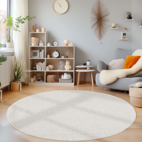 HomebyHome Runder Teppich 200 cm Creme, Einfarbig & Weich, Moderner Schlingenflor für Wohnzimmer oder Essbereich, Pflegeleichtes Wohnaccessoire