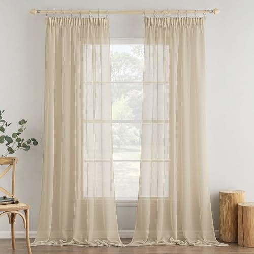 MIULEE 2er Set Voile Vorhang Sheer Vorhang mit kräuselband Transparente Leinenoptik Gardinen Wohnzimmer Modern Fensterschal Schlafzimmer 140x245cm (B x H) Beige