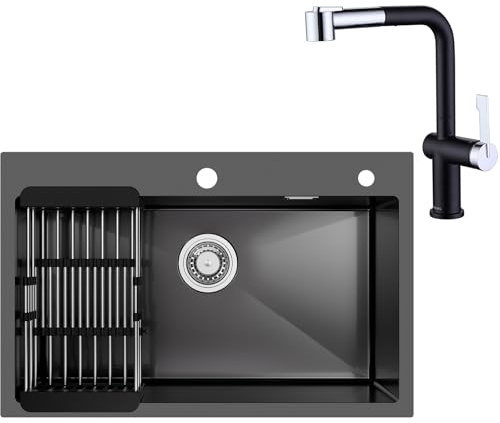 CECIPA 70 x 45 CM Fregadero Negro Gris con Grifo Cocina Extraible & Cromo, Multifuncional Inox con Escurridor