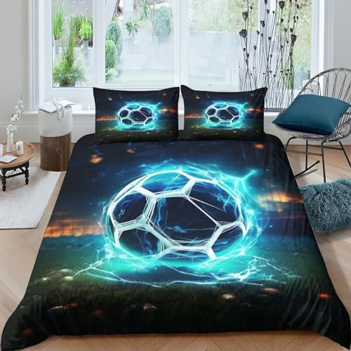MEFESE Effets Lumineux Football Set Housse De Couette 3 Pièces Enfant Et Aux Jeunes Adultes,Géométrique Imprimé Microfibre Literie Parure De Lit Linge De Lit avec Fermeture À Éclair Double（200x200cm）