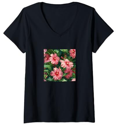 Womens Oleander Flower Pattern Graphic V-Neck T-Shirt