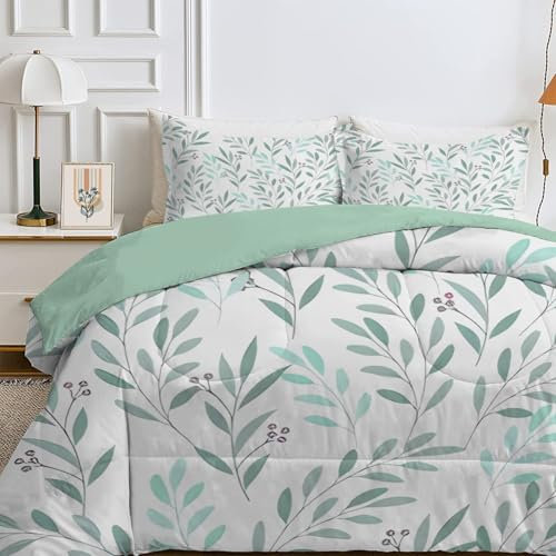 Qiwagu Couette 4 Saisons 240x260 cm Blanc, Couette Imprimée Feuille Verte pour lit 2 Personnes, Couette Réversible sans Housse, Lavable en Machine, Couette Légère 200GSM avec 2 Taies d'oreiller