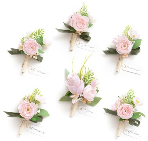 Ling's moment Boutonniere for Men, 6pcs Groom Groomsmen Boutonniere, Artificial Flowers for Wedding Decor/Prom/Homecoming, etc.Blush Pink