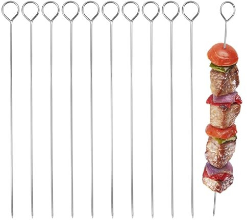 Chongning 10 Pcs BBQ Metal Skewers, 7.87 Stainless Steel Kebab Skewers, Reusable, Dishwasher Safe, Silver, Perfect for Grilling, Family Gatherings