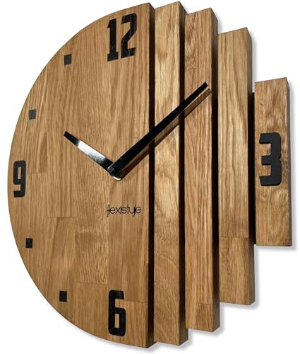 FLEXISTYLE Wanduhr modern Holz Eiche asymmetrisch 30cm lautlos ohne Tickgeräusche Designer Wanddekoration Wohnzimmer Küche Badezimmer Elegante wall Clock minimalistisch 30cm