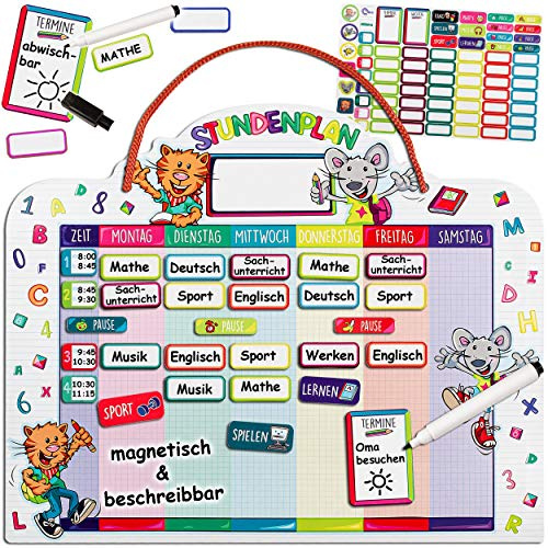 alles-meine.de GmbH Stundenplan - magnetisch + abwischbar - Wisch & Weg - Wochenplaner/Memoboard - lustige Tiere - mit Folienstift - incl. 75 Stück Magnettafeln zum Beschreiben..