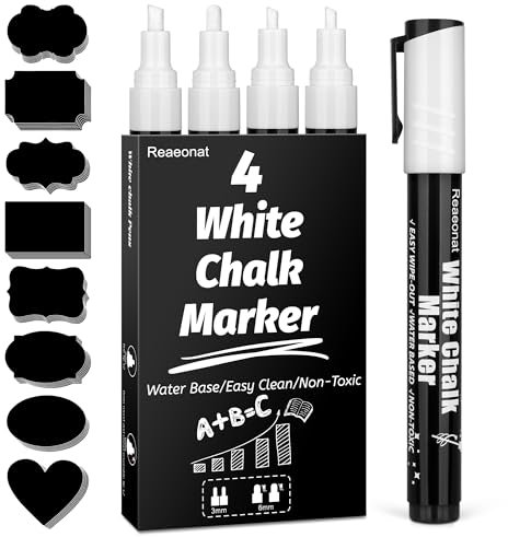Reaeonat Chalk Pens, 4 Pack White Liquid Chalk Markers Wipe Erasable Pen 3mm and 6mm Reversible Tip with 48 Jar Labels for Blackboards, Windows, Glass, Chalkboards, Signs, Art