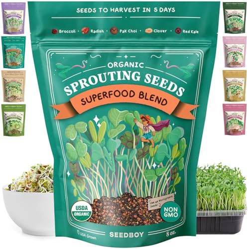 Seedboy Organic Non-GMO Sprouting Seeds, Superfood Blend - USA Grown Microgreens Mix with Broccoli, Radish, Pak Choi, Clover, Red Kale - 8 oz Makes 8 Quarts / 32 Servings (Superfood Blend)