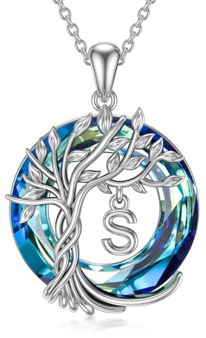 TOUPOP Lebensbaum buchstaben Kette 925 Sterling silber Baum des Lebens Anfangsbuchstaben Anhänger Blau Kristall Kreis Schmuck Geburtstag Geschenk für Damen Mama Ehefrau Freundin Sie