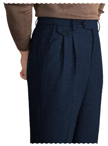 Mens Pants Tweed Herringbone Vintage Dress Pant Trousers Regular Fit Suit Pants for Men Navy36W×32L