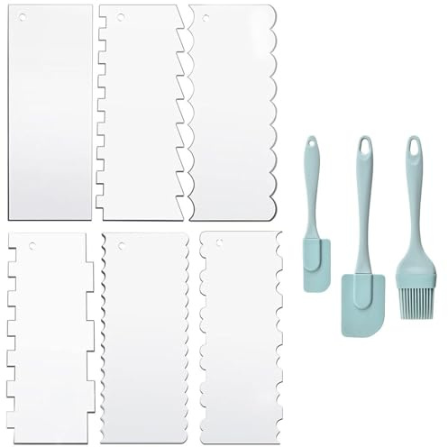 RELKLYU 6 Piezas Raspador Acrílico Y 3 Piezas Espátula De Silicona, Accesorios para Hornear, Utensilios De Cocina, Herramientas De Fabricación De Pasteles.
