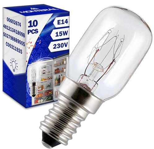 MONTERAL 10 Stück Glühbirne E14 für Kühlschrank 15W 230V Kühlschranklampe mit dem Originalcode 481213418098 für Whirlpool 00602674 602674 für Bosch