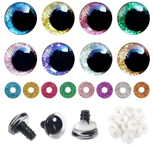 TOAOB 32 Stück Sicherheitsaugen für Häkeltiere 20 mm Glitzer Bunt | 8 Farben Kunststoff Augen, Sicherheitsaugen mit Unterlegscheiben für DIY Basteln, Marionette Puppenherstellung Tieraugen