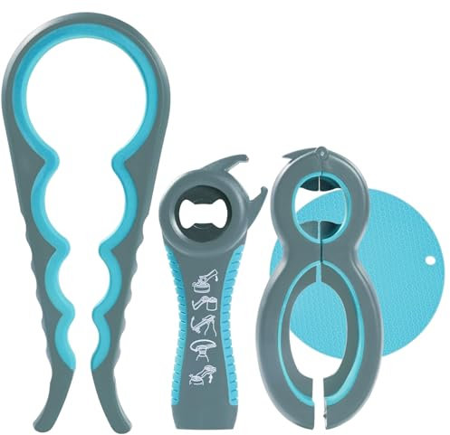 YUNYU Set 4 in 1 apribottiglie + apribottiglie 5 in 1 con cuscinetto antiscivolo in silicone, 4 confezioni di apribottiglie multifunzione per mani deboli, artrite, anziani e bambini