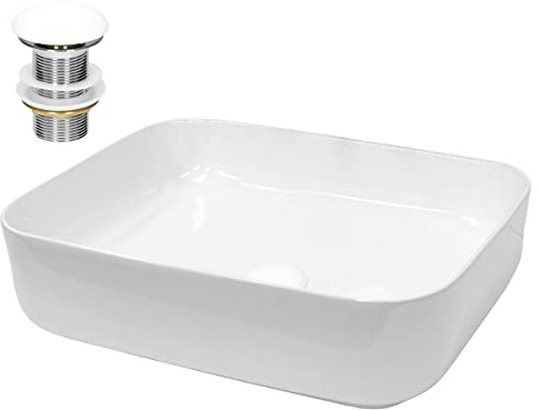 LuxeBath Waschbecken Keramik 505 x 395 x 135 mm Weiß mit Ablaufgarnitur Weiß, Rechteckiges Aufsatzwaschbecken für Badezimmer/Gäste-WC, Modernes Aufsatzbecken, Waschtisch Waschschale Waschplatz Becken