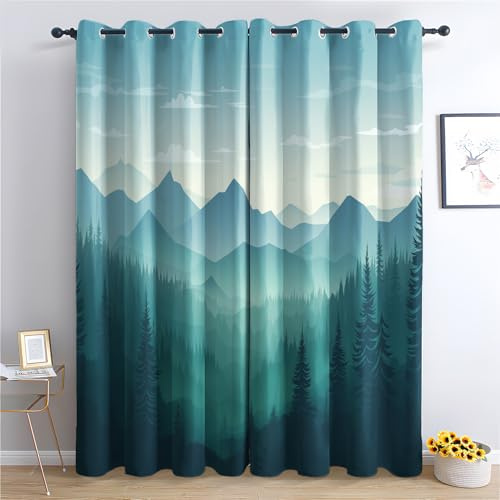 Luxfieo Berge Vorhänge Grüne Wald Farbverlauf Vorhang Blickdicht Gardinen 300cm Lang Verdunklungsvorhänge mit Ösen Thermovorhang für Wohnzimmer Schlafzimmer Kinderzimmer Fenster Deko 2er Set W#171
