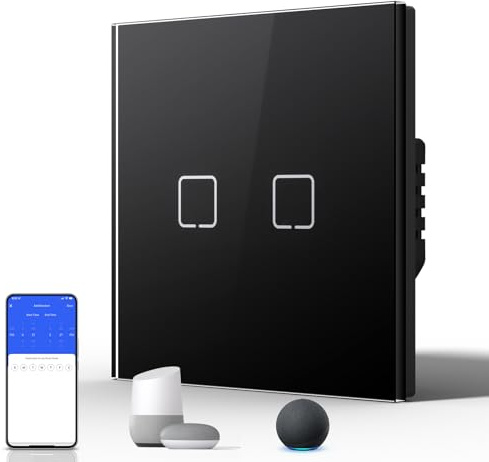 BSEED Smart Touch Lichtschalter,Glas Schalter Unterputz,Wandlichtschalter mit LED Hintergrundbeleuchtung,Neu E-Serie,16A 250V,2 Fach 1 Weg,86mm Schwarz