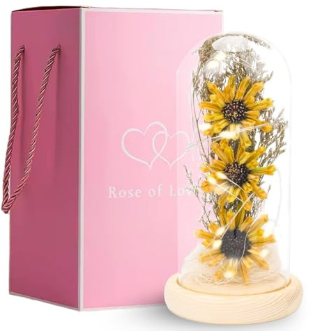 Sunflower in Glass Dome with LED Lights | Eternal Flower Gift with 2 Roses | Romantic Decoration for Women | Perfect for Mother’s Day, Birthday, Valentine's Day or Anniversary