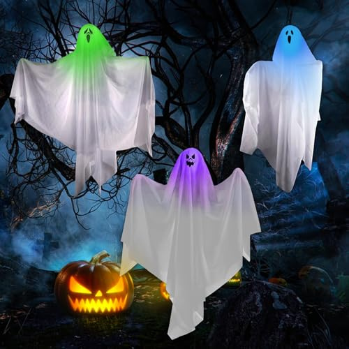 Halloween Deko Garten, 3 Stück Hängende Gespenster mit LED, Halloween Geistergesicht Windsack, Ghosts Deko, Hängende Dekorationen für Hof, Garten, Terrasse, Rasen, Partydekor