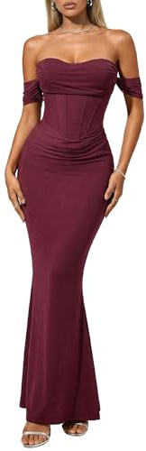 CurvySweet Women's Off The Shoulder Bodycon Corset Ruched Mesh Maxi Dress Built-in Bra Fall Cocktail Wedding Guest Dresses Burgundy