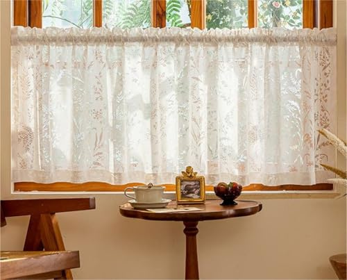 Yaland Jacquard Scheibengardine mit Blattmuster 1 Stück HxB 40x120cm Natur | zarten Lochstickerei Bistrogardine mit Stangendurchzug Sichtschutz Halbvorhang Spitzenvorhang für Küche & Fenster