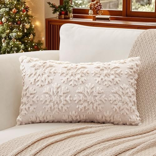 Artscope 1er Set Wolle Kissenbezüge Weicher Plüsch Kurzer Wollsamt Dekokissenbezuge Weihnachten Sofakissen Europäische Kissenhülle für Sofa Schlafzimmer Schneeflocke Creme Beige, 40x60cm