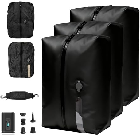 3 Pack Cordless Travel Compression Vacuum Bag Set with Wireless Pump,Reusable Waterproof Durable Tear-Resistant Luggage Compression Bags (18L×2 + 34L Set), Suitable for Luggage and Suitcase