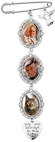 Sisadodo Meaningful Memorial Photo Charm for Boyfriend Girlfriend Loss of Dad Mum Sympathy Gift for Women Men Memory Photo Brooch with 3 Lace Frames Wedding Bouquet Accessories with Angel Pendant