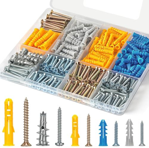 286PCS Wall Plugs and Screws Set with Zinc Alloy Anchors and Plastic Expansion Plugs, Assortment Kit for Concrete, Drywall and Brick Mounting, Home Repair Organizer Box