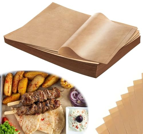 100 Pcs Greaseproof Paper Sheets, 20x30cm Original Colors Wax Papers, Non-Stick Greaseproof Burger Sheet, Unbleached Parchment Paper for Baking Papers Sheets, for Food Packaging, Grilling, Baking