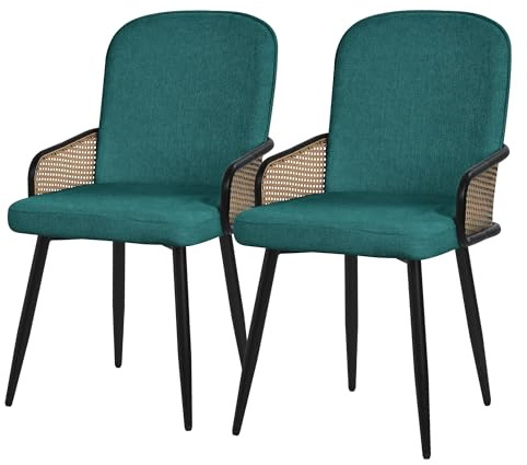ML-Design Esszimmerstühle 2er Set Petrol mit Stoffbezug, Küchenstuhl mit Rattan Optik-Armlehnen, Gepolsterte Stühle mit Stahlgestell, Sessel ergonomisch, Polsterstühle Akzentstühle für Esszimmer Küche