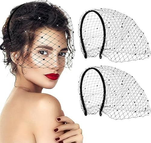 YUEXNKO Schwarzes Schleier Stirnband, Vintage Schleier Haarband für Damen, Schleier Mesh Stirnband, 1920er Jahre Damen Kopfschmuck, Schwarze Fascinators für Damen, für Mädchen und Frauen