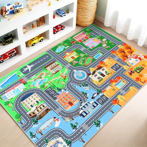 Rezutan Kinder Autoteppich für Spielzimmer 80 x 150cm, Waschbare Spielmatte | Straßenteppich Kinder, Rutschfester Kurzflor Teppich für Kinderzimmer, Spielteppich für Jungen und Mädchen