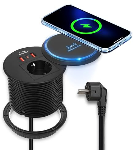 Einbausteckdose mit USB C, Steckdose Schreibtisch, 90mm Tischsteckdose mit Deckel, 2 USB-A PD 20W Anschluss und 15W Kabellosem Lade, 1,8m Netzkabel, Steckdose für Möbel Arbeitsplatte Schwarz
