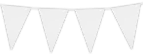 Vit flaggirlang, 10 m av plast, stora vimplar, 20 x 30 cm, väderbeständig girlang för inomhus och utomhus, rivtålig och återanvändbar – festdekoration för födelsedag, bröllop och trädgårdsfest (vit)