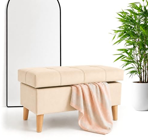 Outentin Gepolsterter Velvet Puff – Hocker & Sitzwürfel mit Stauraum, klappbarer Fusshocker und Fußablage für Wohnzimmer & Flur – Stabiler Sitzhocker mit Buchenfüßen, 70 × 42 × 37 cm, Creme Ottoman