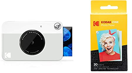 Kodak Printomatic Digital Instant Print Camera - Full Color Prints On ZINK 2 x 3 Inch Sticky-Backed Photo Paper (Grey) Print Memories Instantly & Zink Photo Paper - Pack of 20